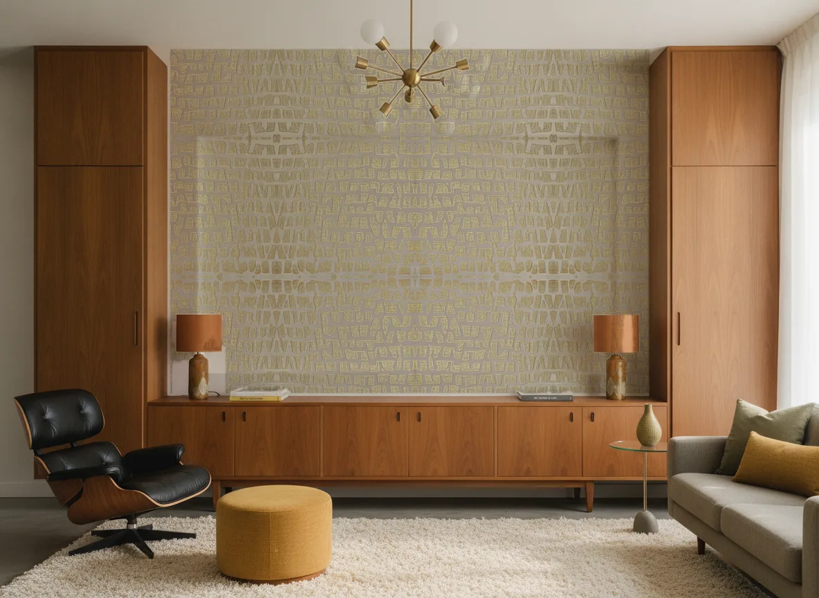 Serti — Salon mid-century — ściana między tekowymi szafami
