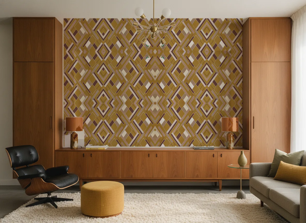 Shapes Delta — Salon mid-century — ściana między tekowymi szafami
