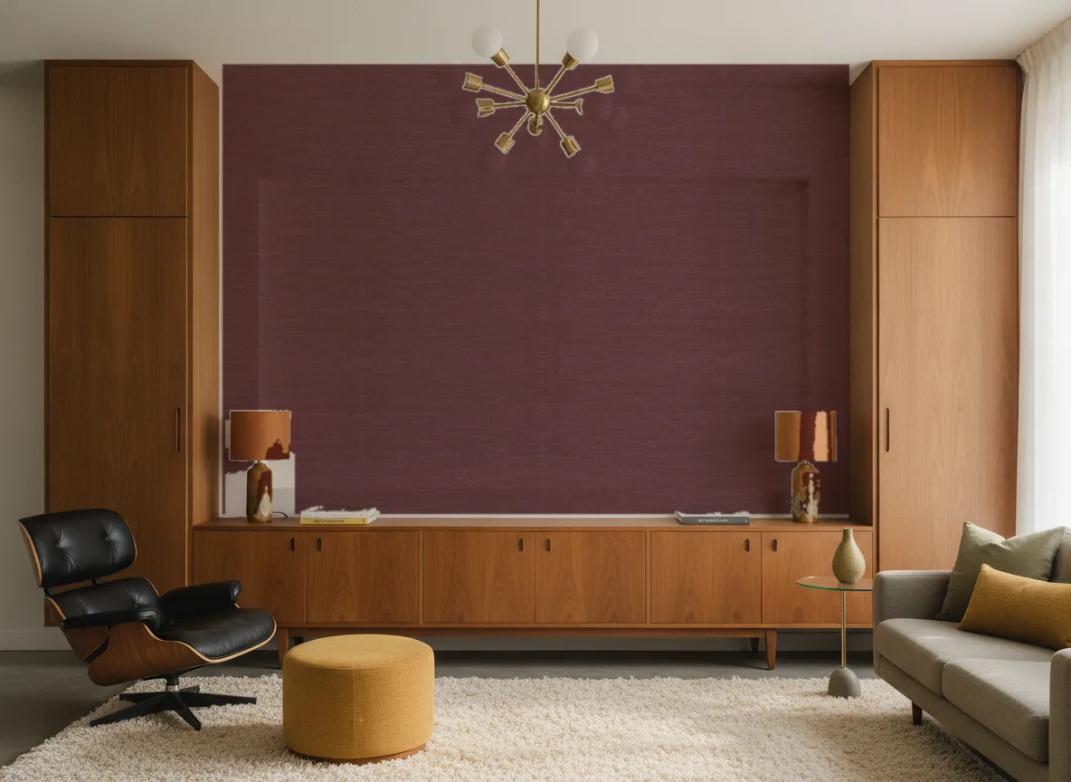 Shinok — Salon mid-century — ściana między tekowymi szafami