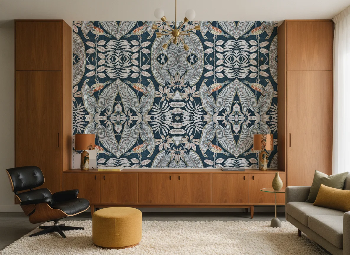 Sibia — Salon mid-century — ściana między tekowymi szafami