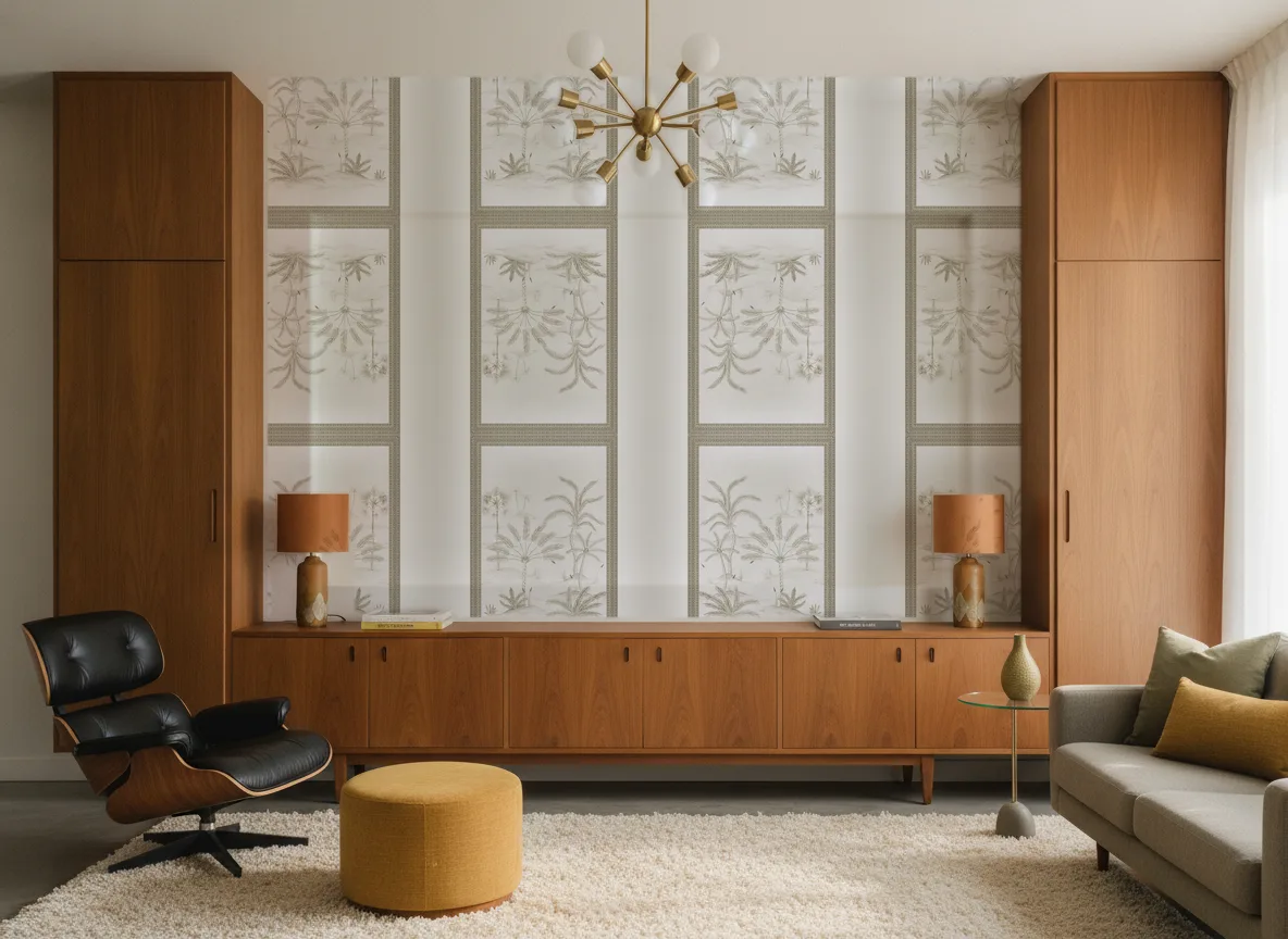 Skoura Encadre — Salon mid-century — ściana między tekowymi szafami