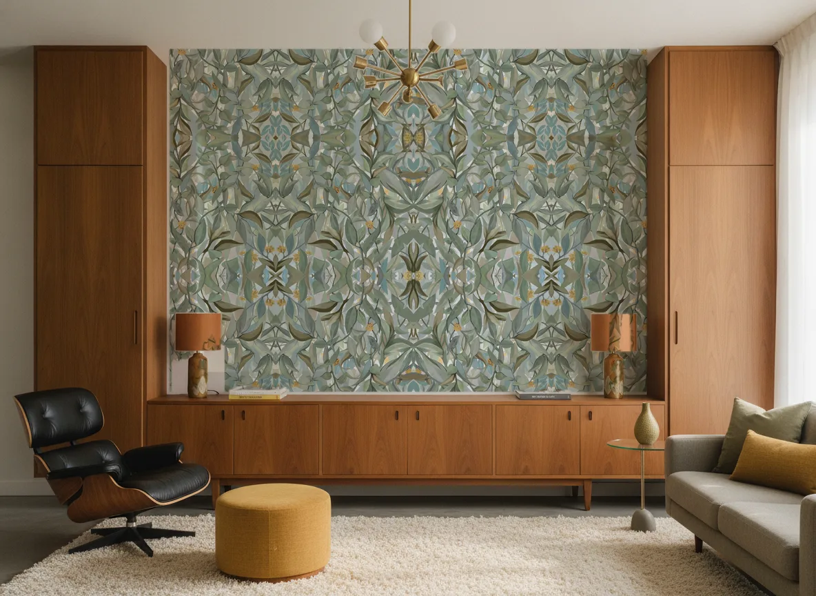 Solandra — Salon mid-century — ściana między tekowymi szafami