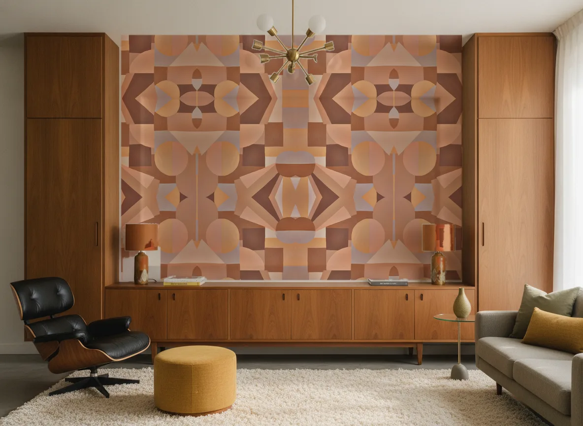 Sonia — Salon mid-century — ściana między tekowymi szafami