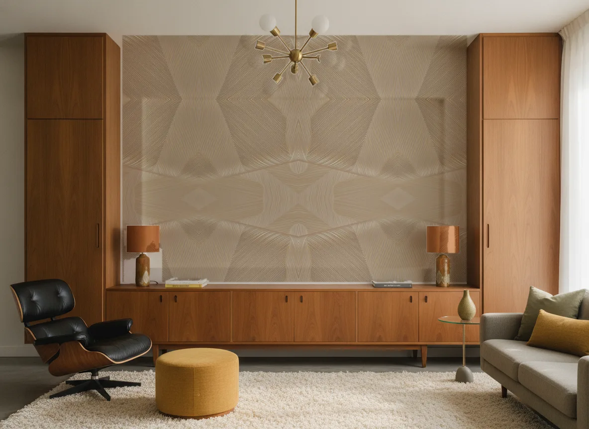 Strie — Salon mid-century — ściana między tekowymi szafami