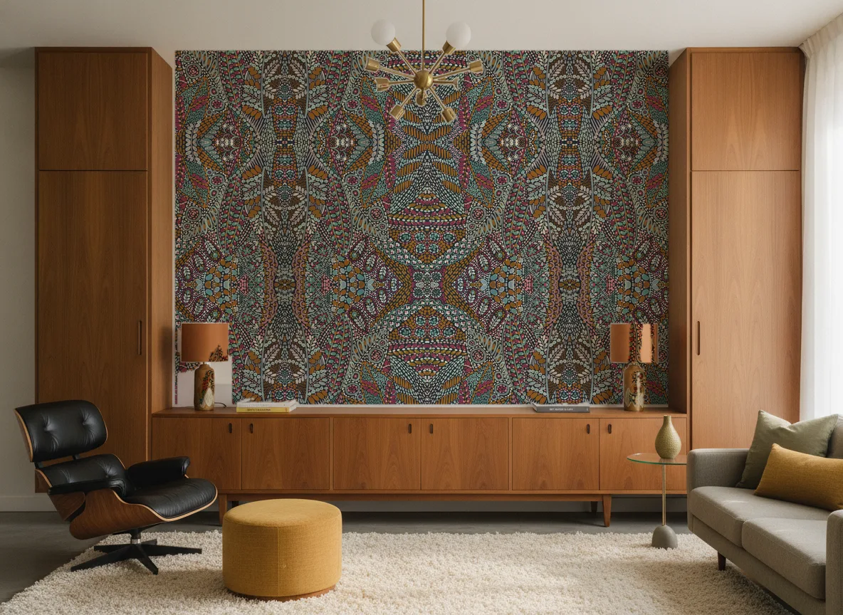 Talavera — Salon mid-century — ściana między tekowymi szafami