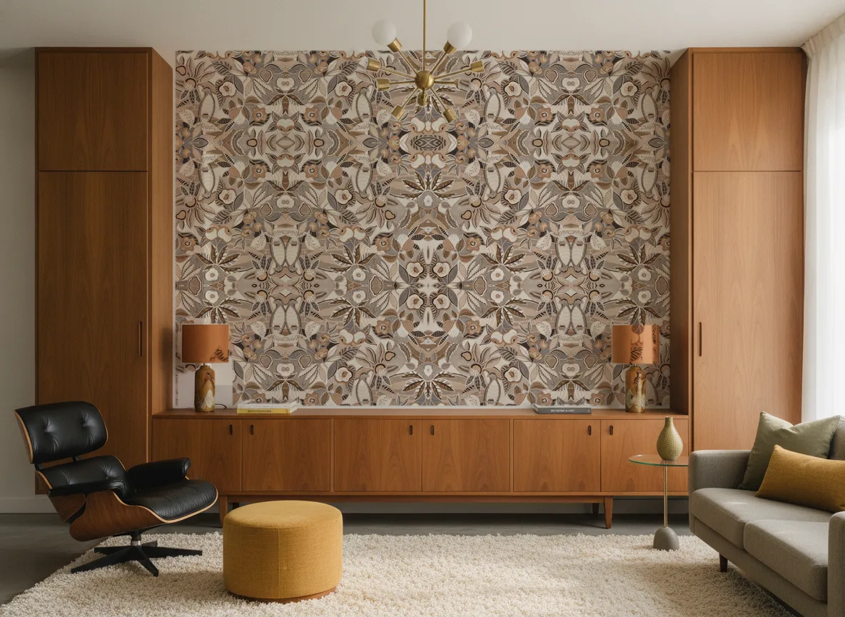 Tehuana — Salon mid-century — ściana między tekowymi szafami