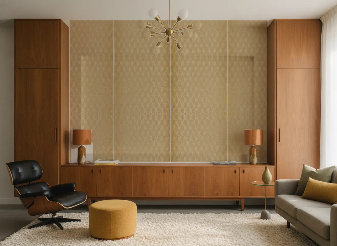 Tourmaline Textures Metalliques — Salon mid-century — ściana między tekowymi szafami