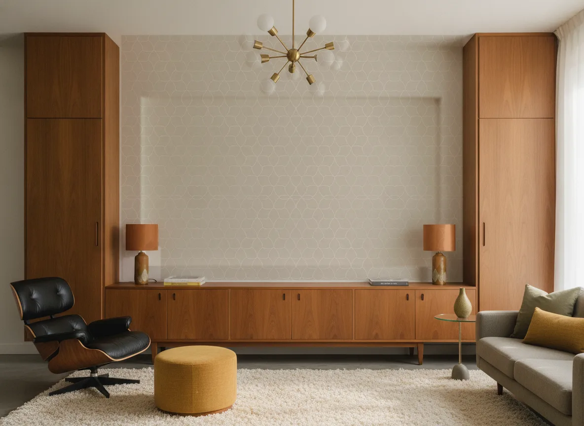 Tressana — Salon mid-century — ściana między tekowymi szafami