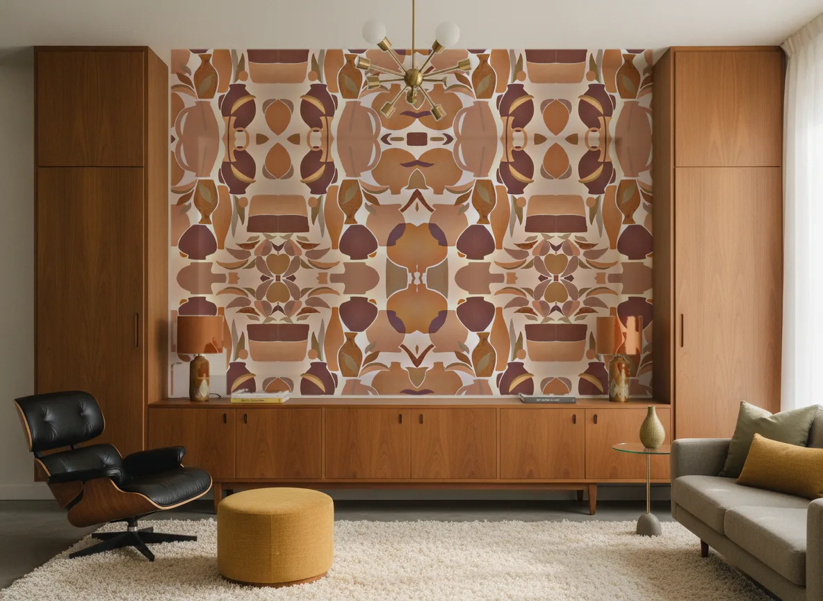Vallauris — Salon mid-century — ściana między tekowymi szafami