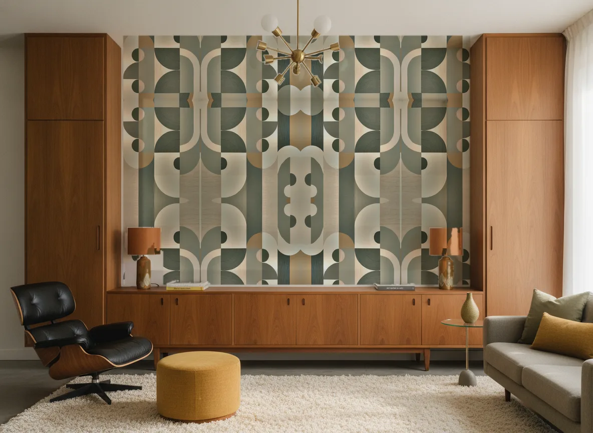 Vassily — Salon mid-century — ściana między tekowymi szafami