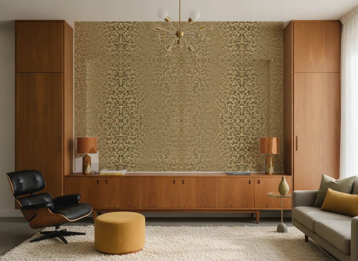 Veladero Textures Metalliques — Salon mid-century — ściana między tekowymi szafami