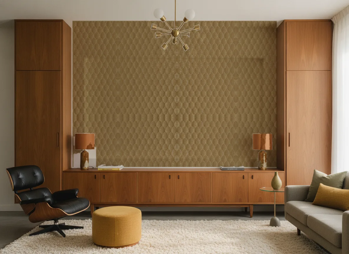 Vendome — Salon mid-century — ściana między tekowymi szafami