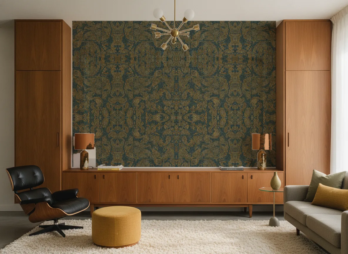Venetie — Salon mid-century — ściana między tekowymi szafami