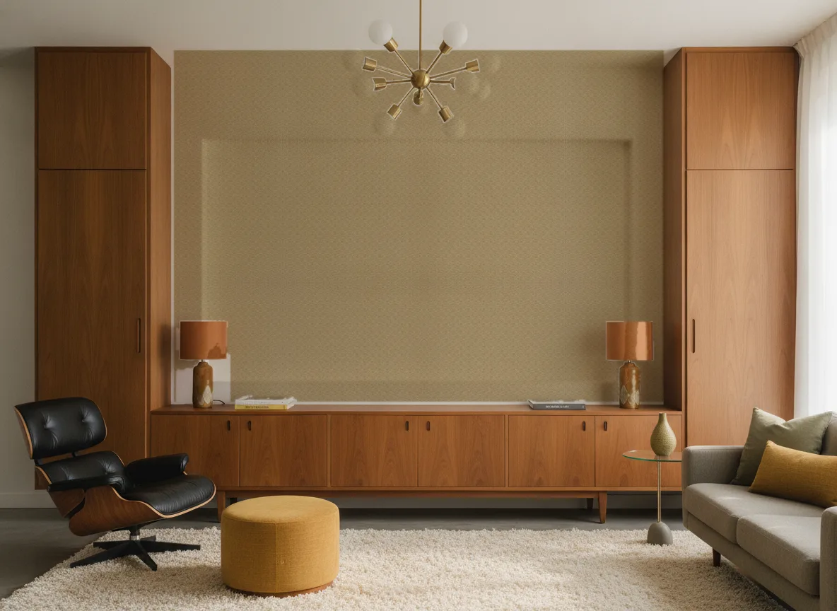 Wagara — Salon mid-century — ściana między tekowymi szafami