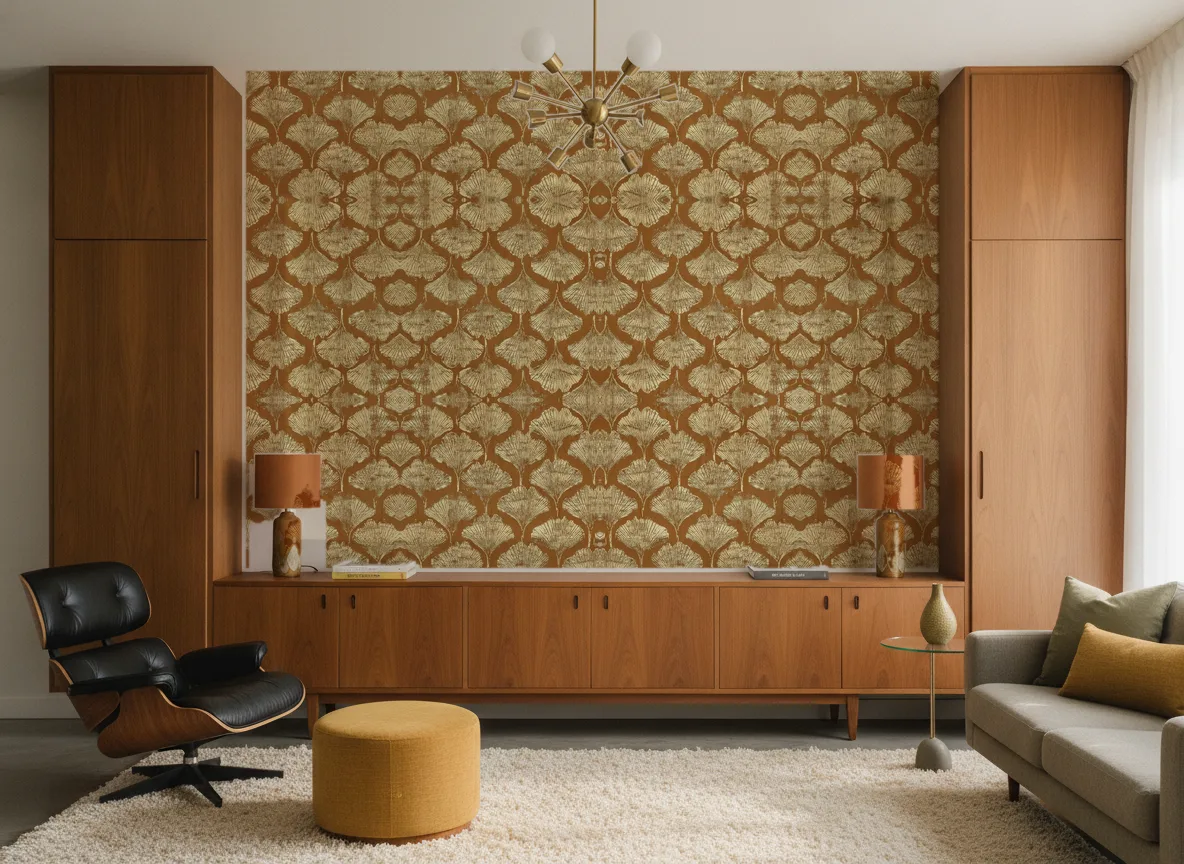Yinkuo — Salon mid-century — ściana między tekowymi szafami