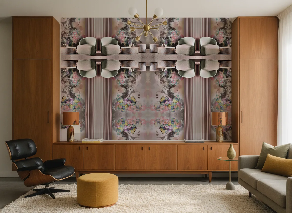 Akwarelowy portret kobiety — Salon mid-century — ściana między tekowymi szafami