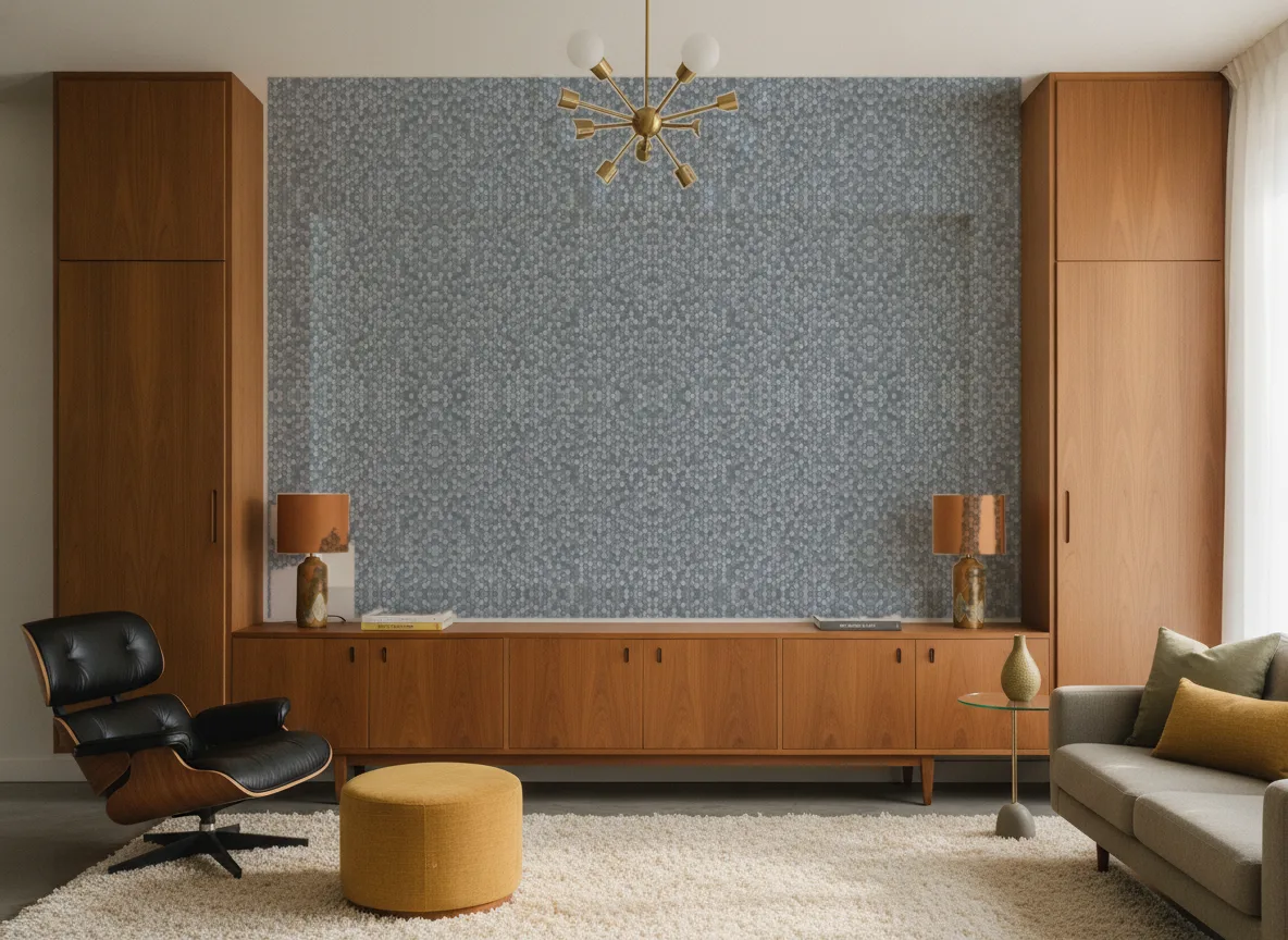 Drobne heksagony — Salon mid-century — ściana między tekowymi szafami