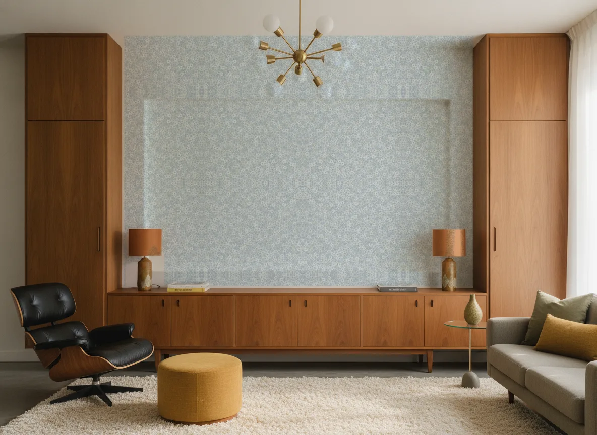 Kwiaty — Salon mid-century — ściana między tekowymi szafami
