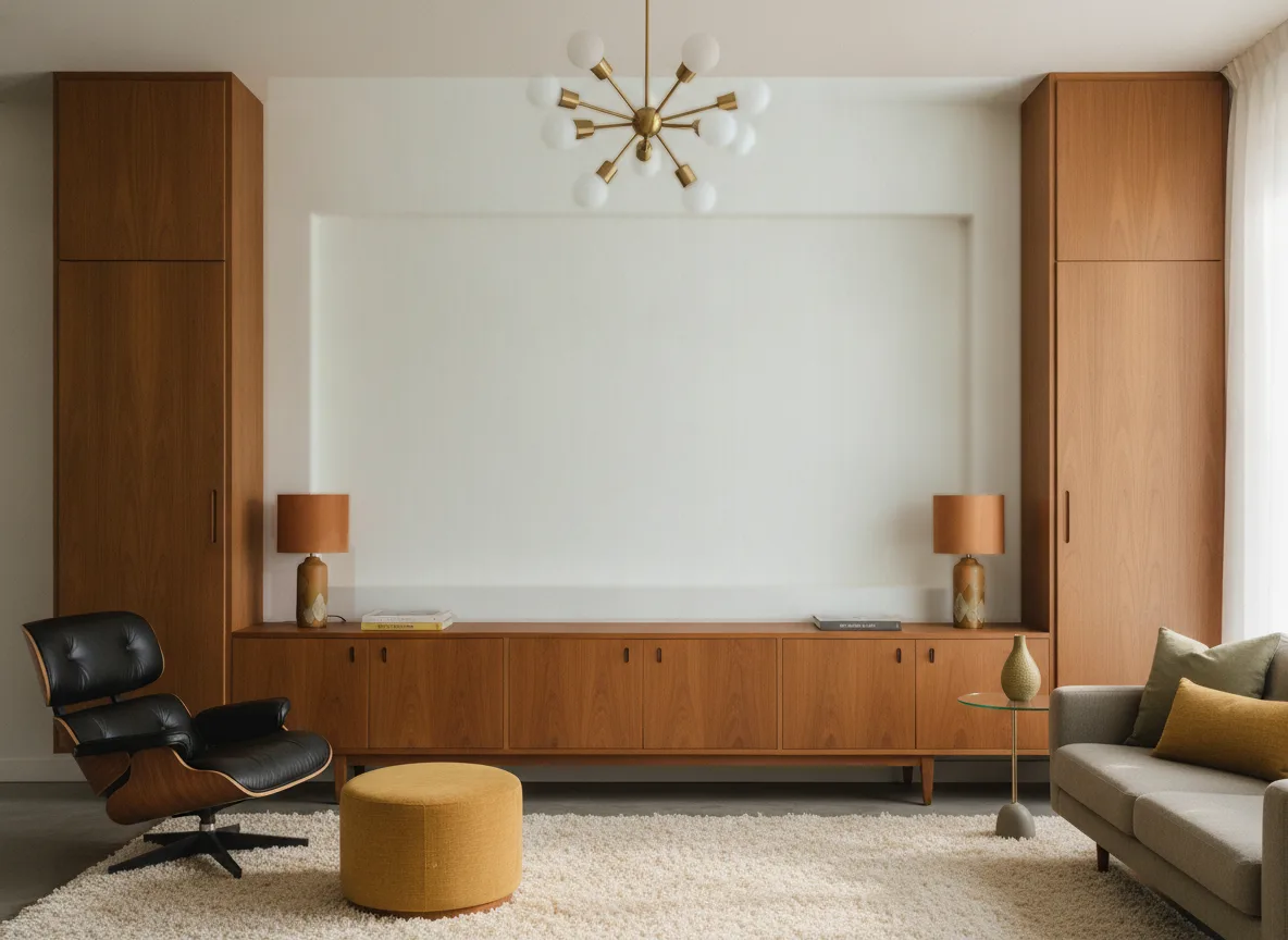 Pionowa struktura — Salon mid-century — ściana między tekowymi szafami