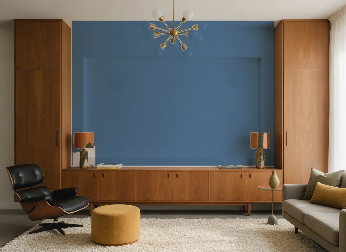 AirPanel — Salon mid-century — ściana między tekowymi szafami