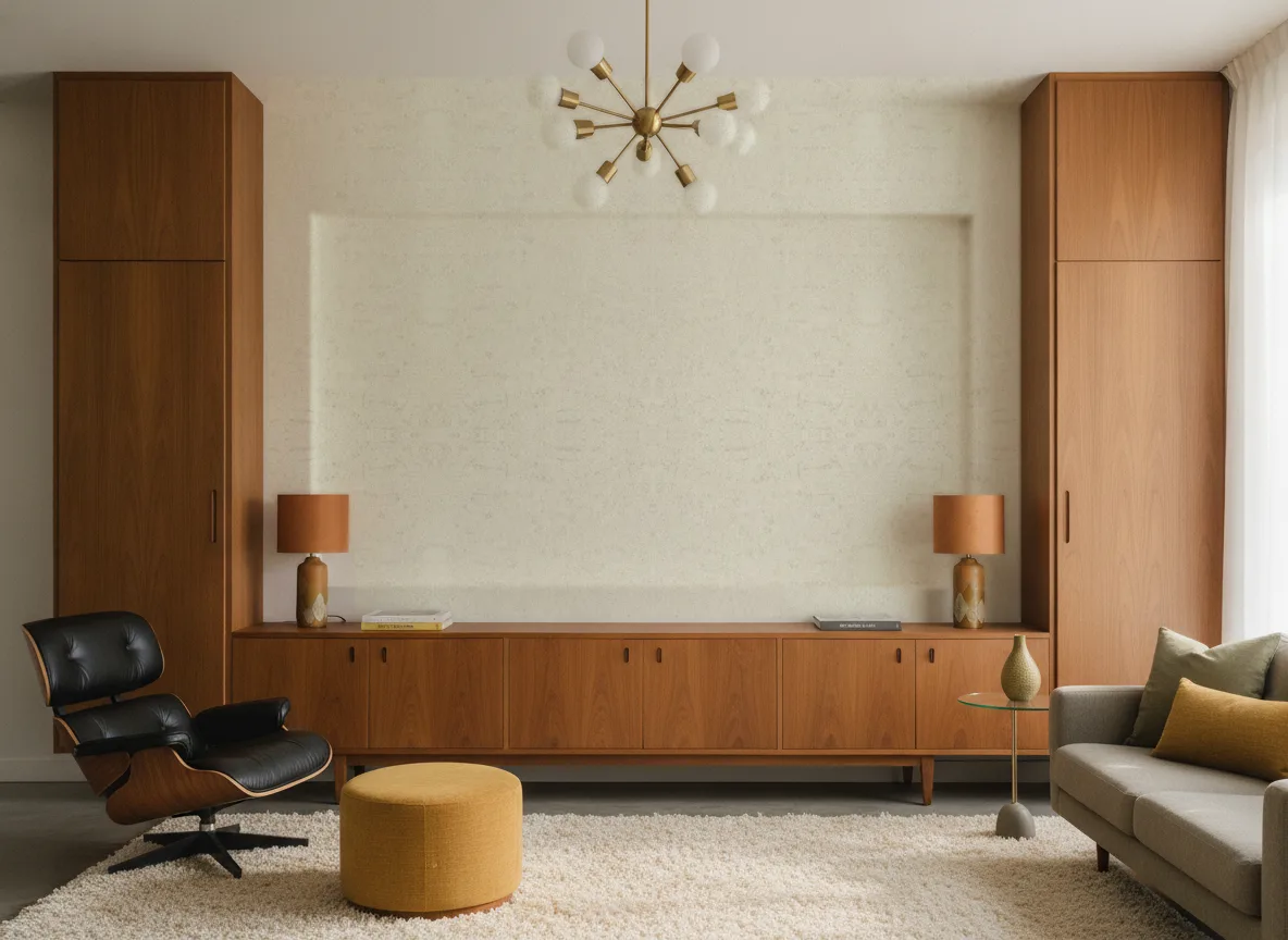 Alba — Salon mid-century — ściana między tekowymi szafami