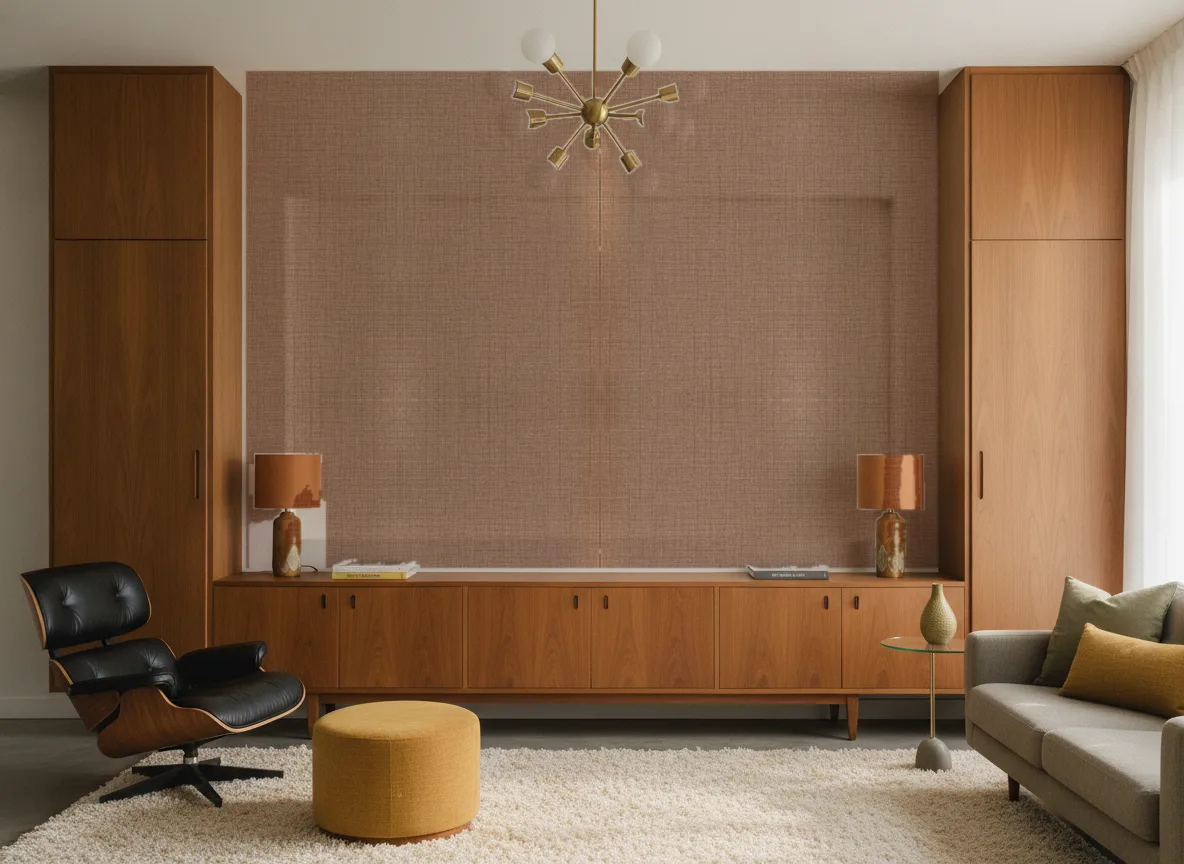 Bolton — Salon mid-century — ściana między tekowymi szafami