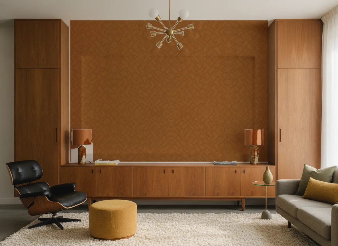 Dedale — Salon mid-century — ściana między tekowymi szafami