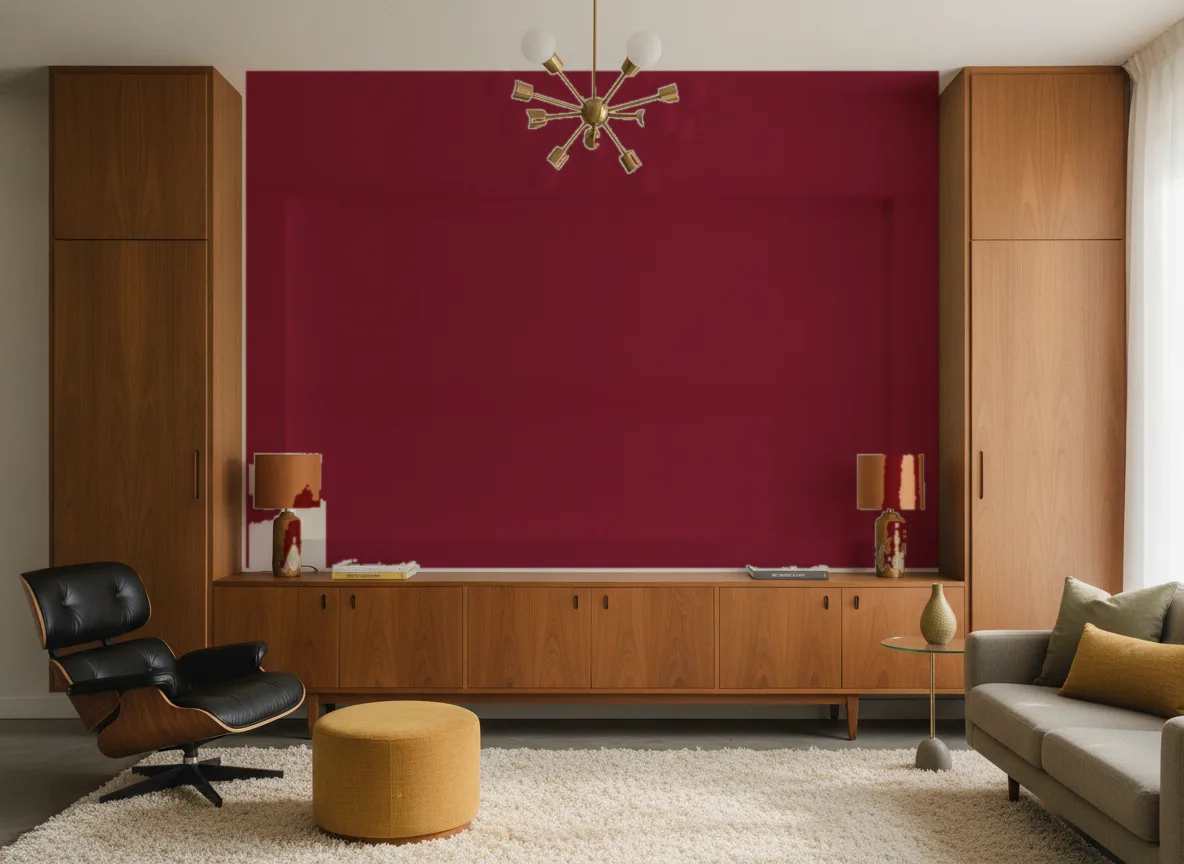 Eos Color 2 — Salon mid-century — ściana między tekowymi szafami