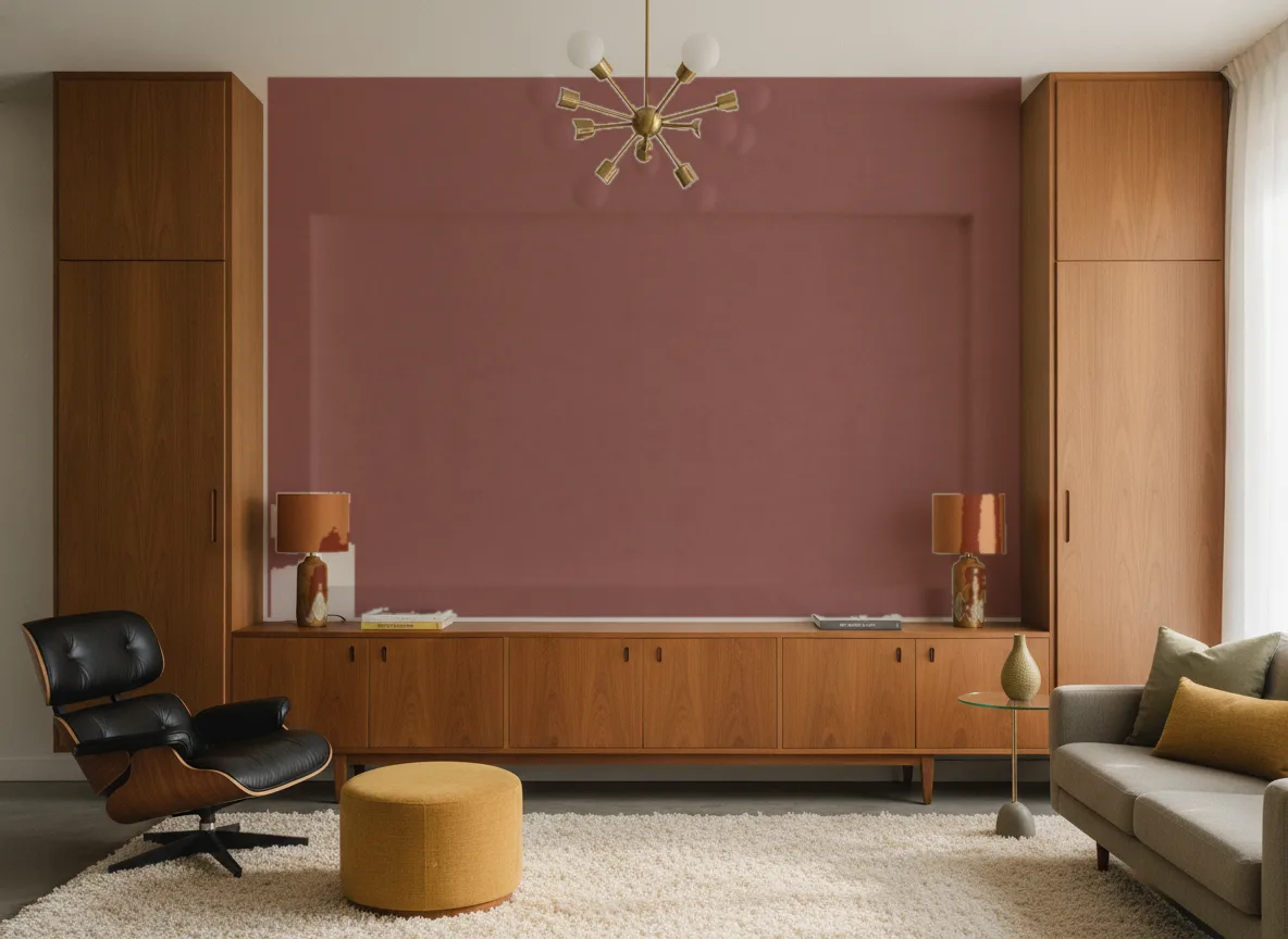 Eos Color 3 — Salon mid-century — ściana między tekowymi szafami