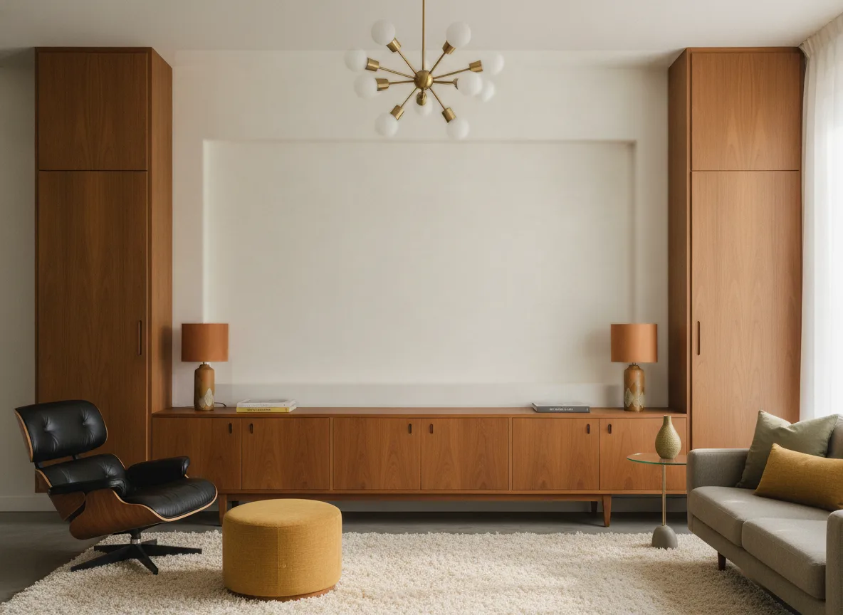 Lime — Salon mid-century — ściana między tekowymi szafami