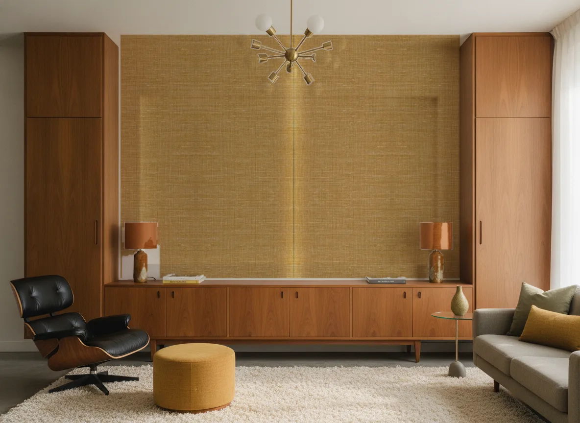 Lino — Salon mid-century — ściana między tekowymi szafami