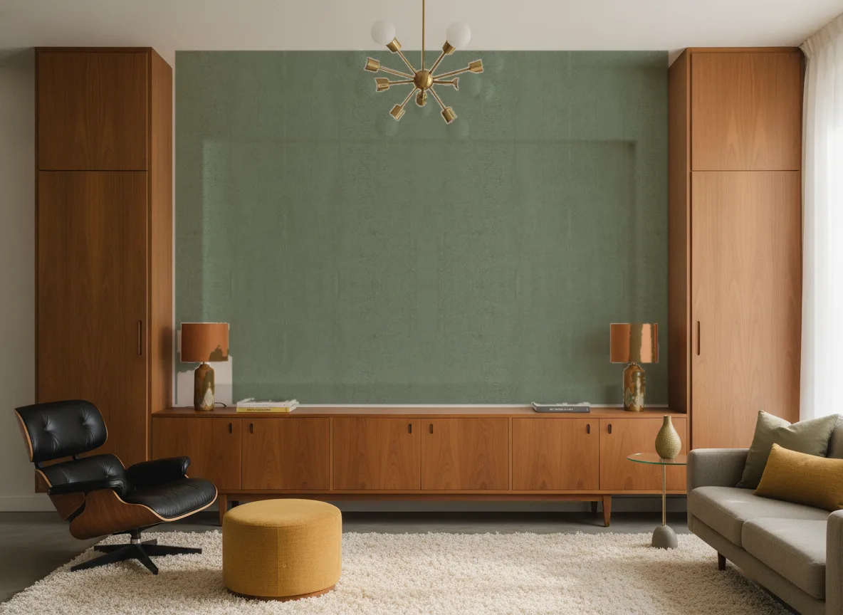 Origin — Salon mid-century — ściana między tekowymi szafami