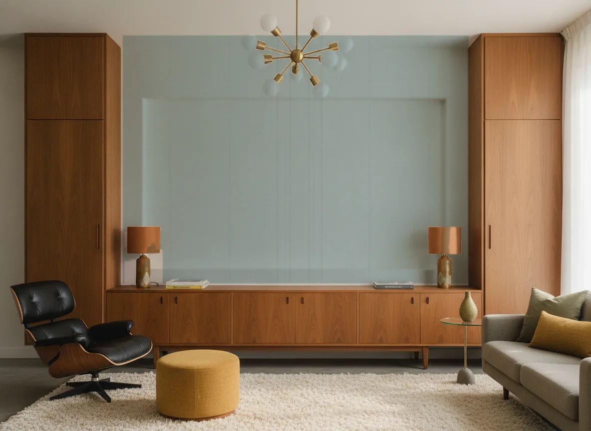 Polyform Eos Vertigo — Salon mid-century — ściana między tekowymi szafami