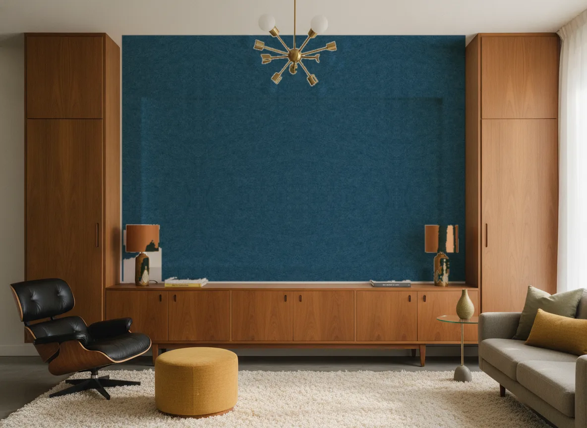 SlimBox — Salon mid-century — ściana między tekowymi szafami