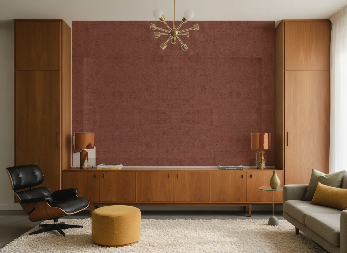 Vinacoustic Bellano — Salon mid-century — ściana między tekowymi szafami