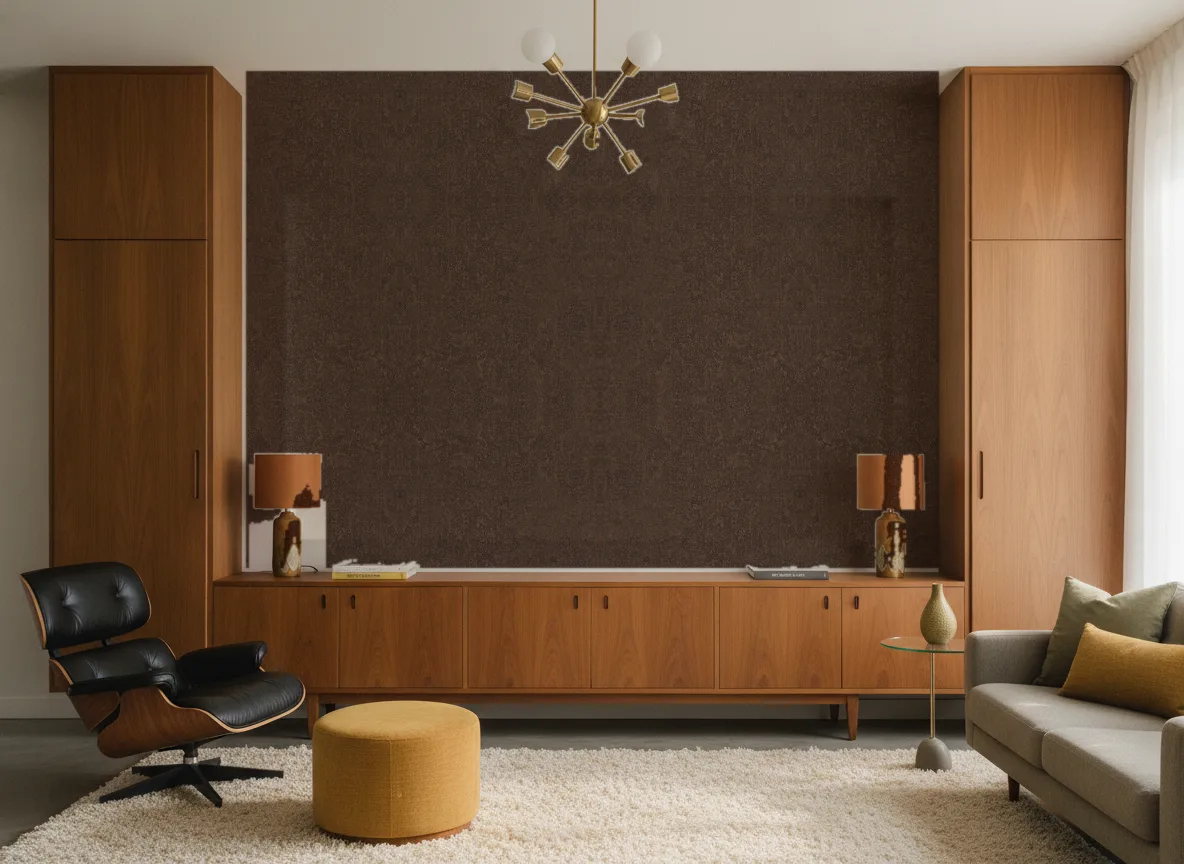 Tapeta obiektowa Bruce W15 — Salon mid-century — ściana między tekowymi szafami