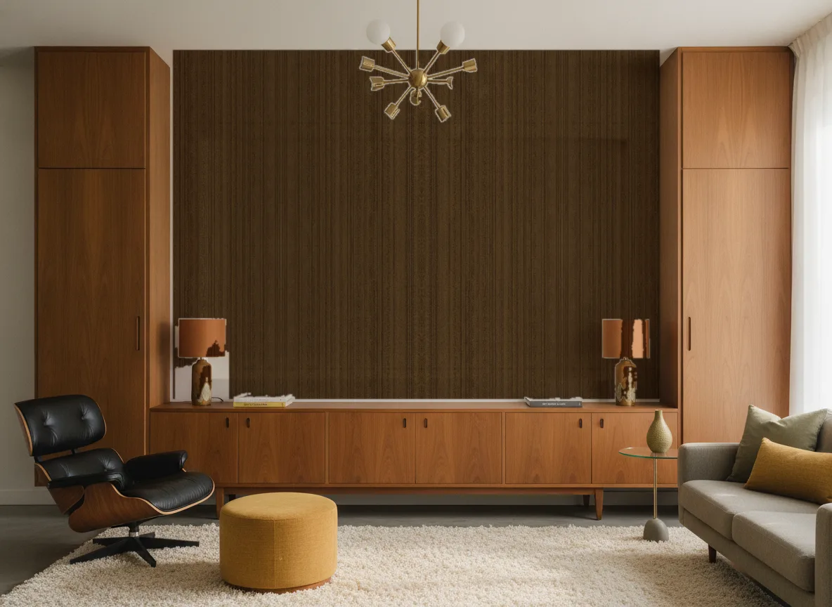 Tapeta obiektowa Cora W18 — Salon mid-century — ściana między tekowymi szafami