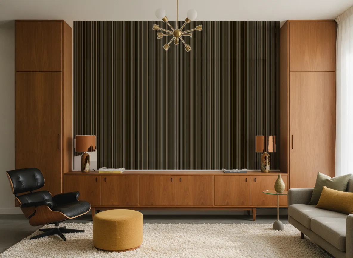 Tapeta obiektowa Harry Glossy W01 — Salon mid-century — ściana między tekowymi szafami