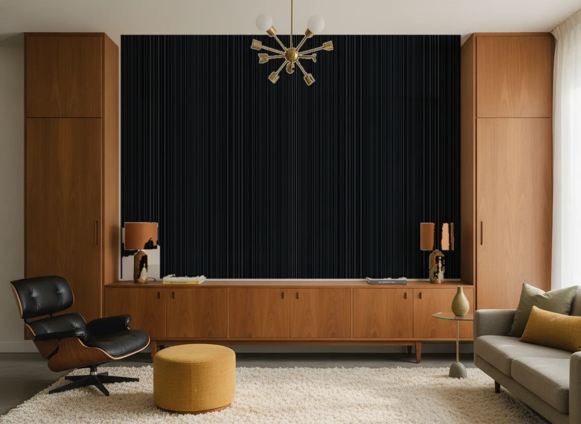 Tapeta obiektowa Harry W01 — Salon mid-century — ściana między tekowymi szafami