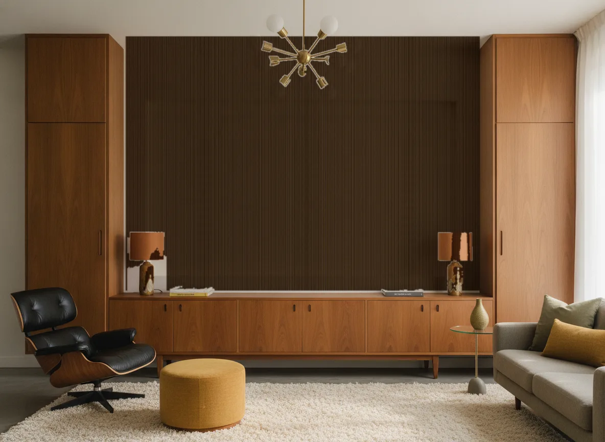 Tapeta obiektowa Henry W31 — Salon mid-century — ściana między tekowymi szafami
