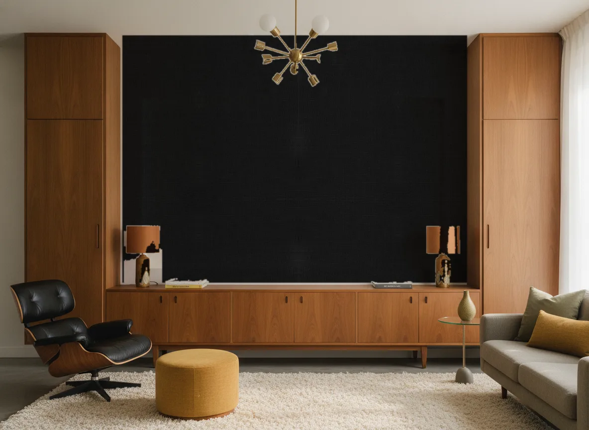 Tapeta obiektowa Kris W58 — Salon mid-century — ściana między tekowymi szafami