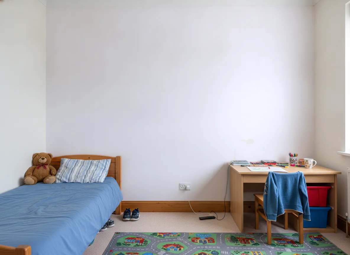 Minimalistyczna — Pokój dziecka — ściana za łóżkiem i biurkiem