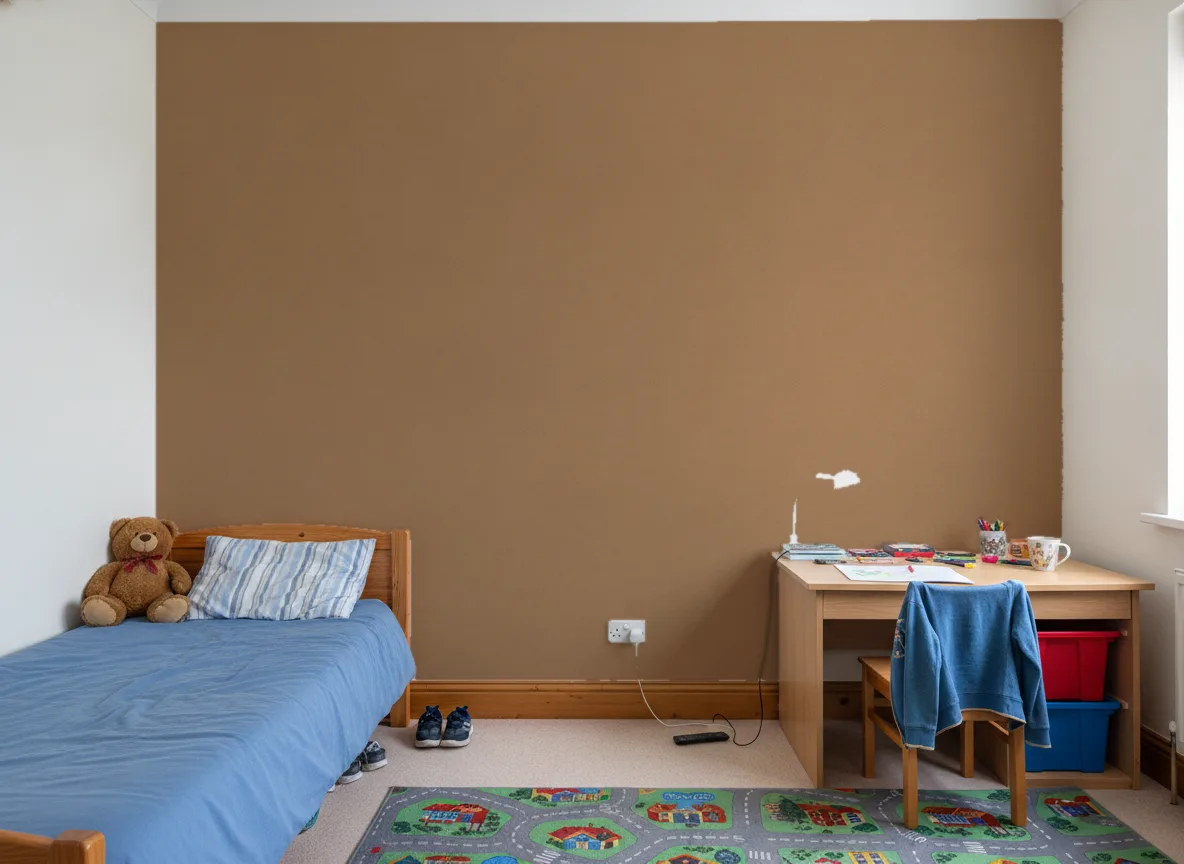 Minimalistyczna metaliczna — Pokój dziecka — ściana za łóżkiem i biurkiem