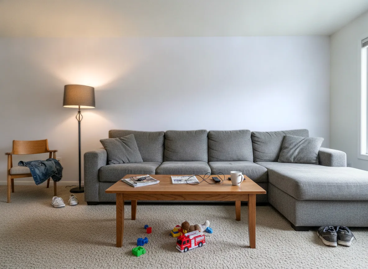 Minimalistyczna — Salon w domu — ściana za sofą