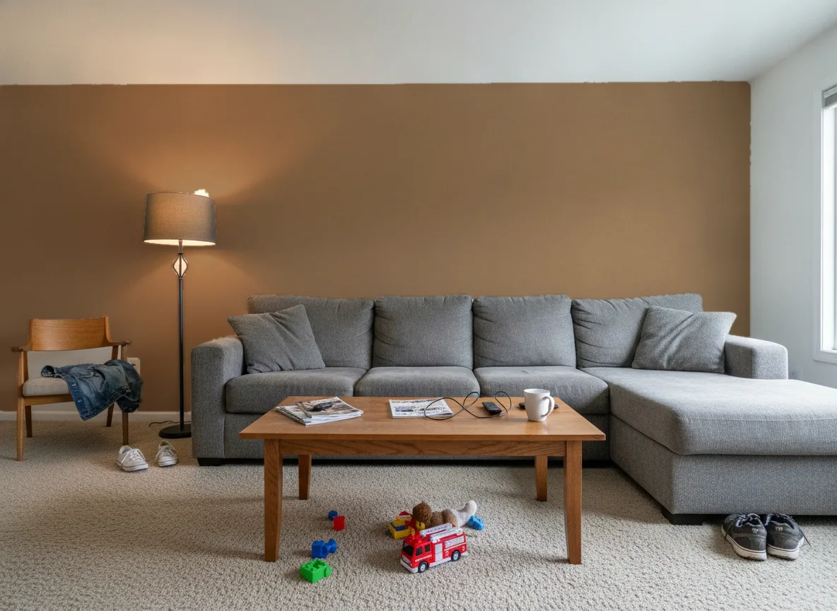 Minimalistyczna metaliczna — Salon w domu — ściana za sofą