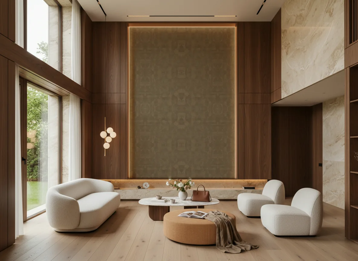 Gemmae — Salon — wysoka ściana w ramie z drewna