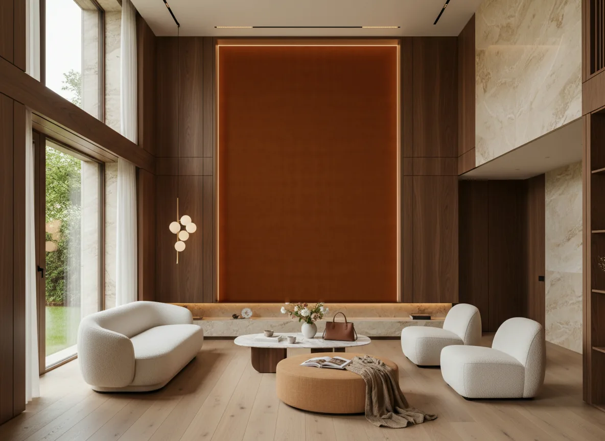 Hestia — Salon — wysoka ściana w ramie z drewna