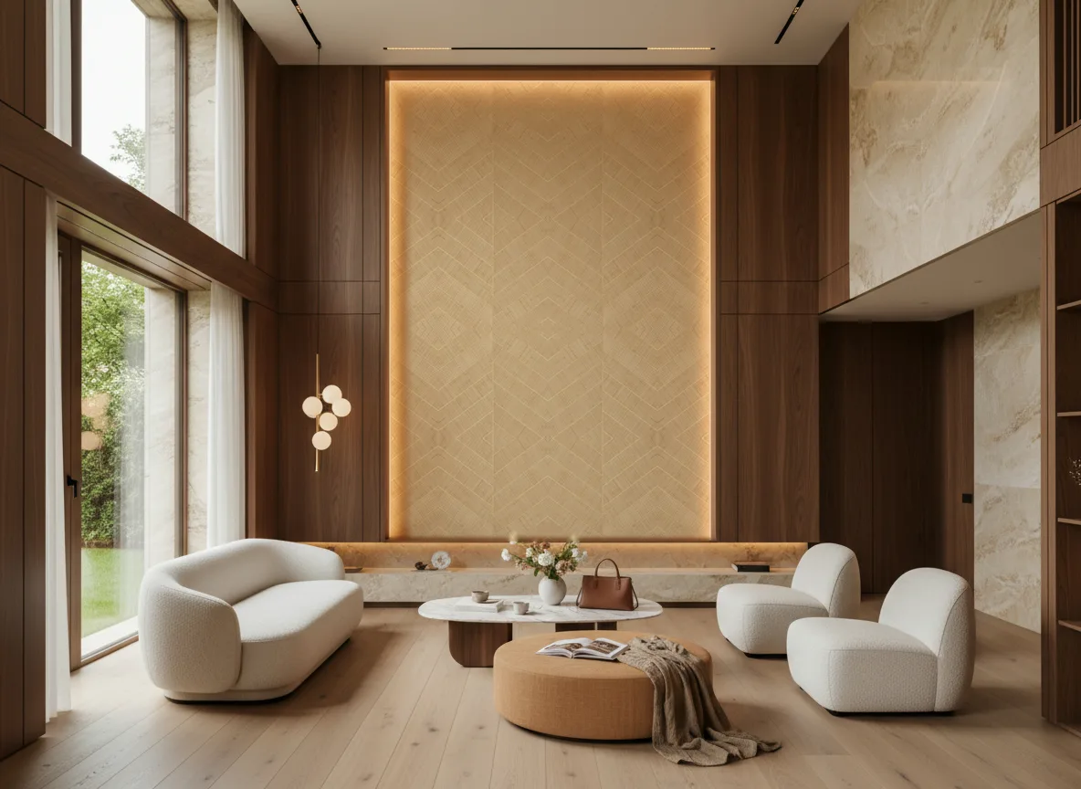 Merina — Salon — wysoka ściana w ramie z drewna