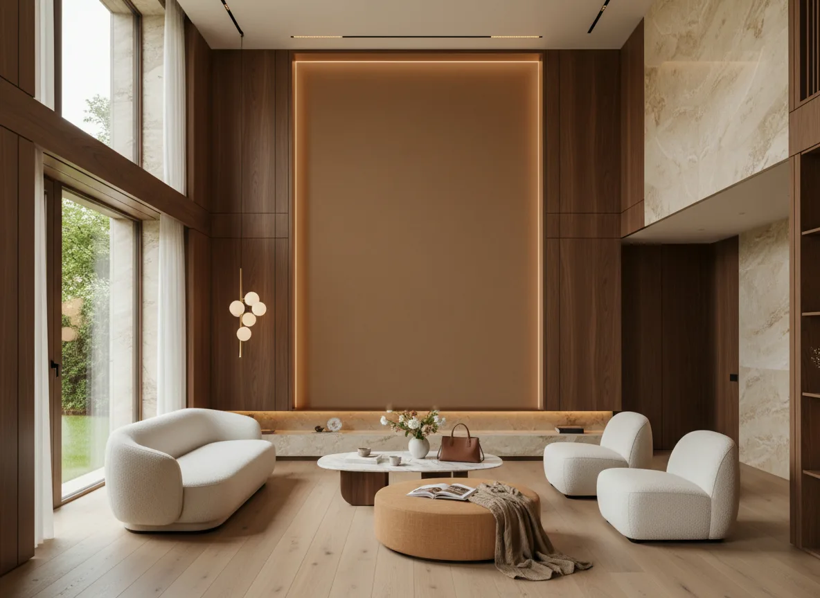 Minimalistyczna metaliczna — Salon — wysoka ściana w ramie z drewna