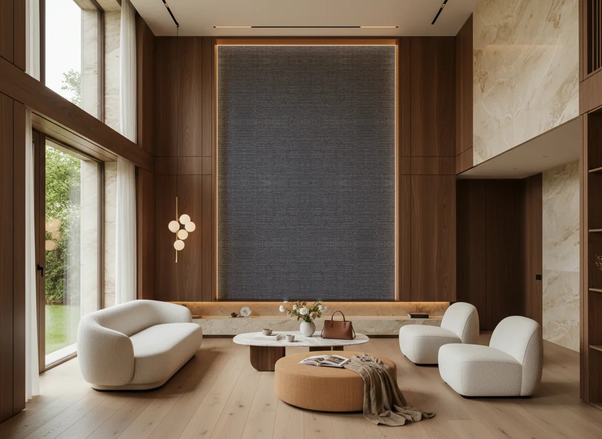 Soft 2 — Salon — wysoka ściana w ramie z drewna